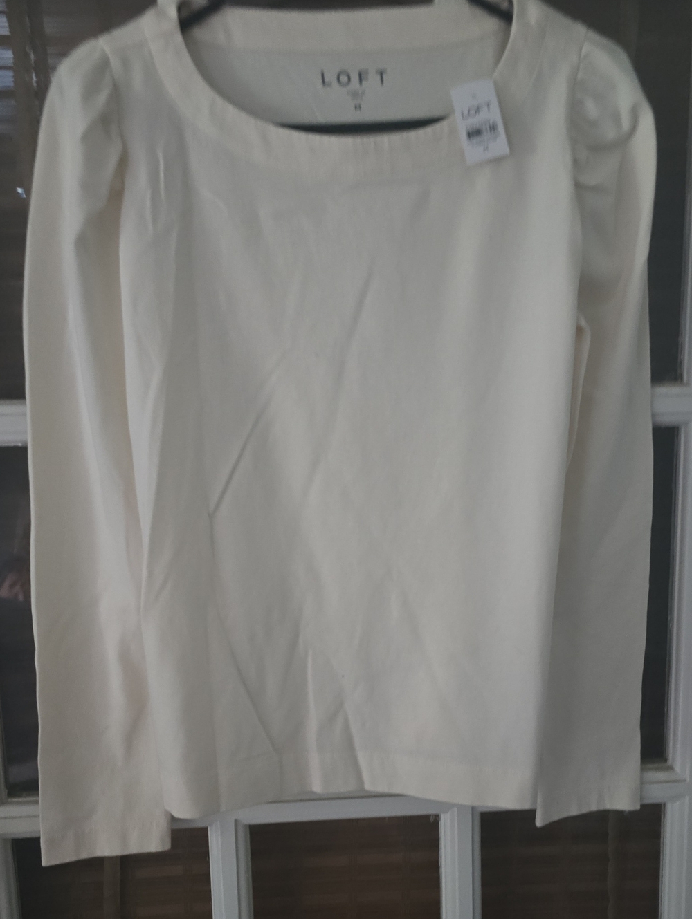 LOFT Cream Long Sleeve Scoop-Neck Blouse